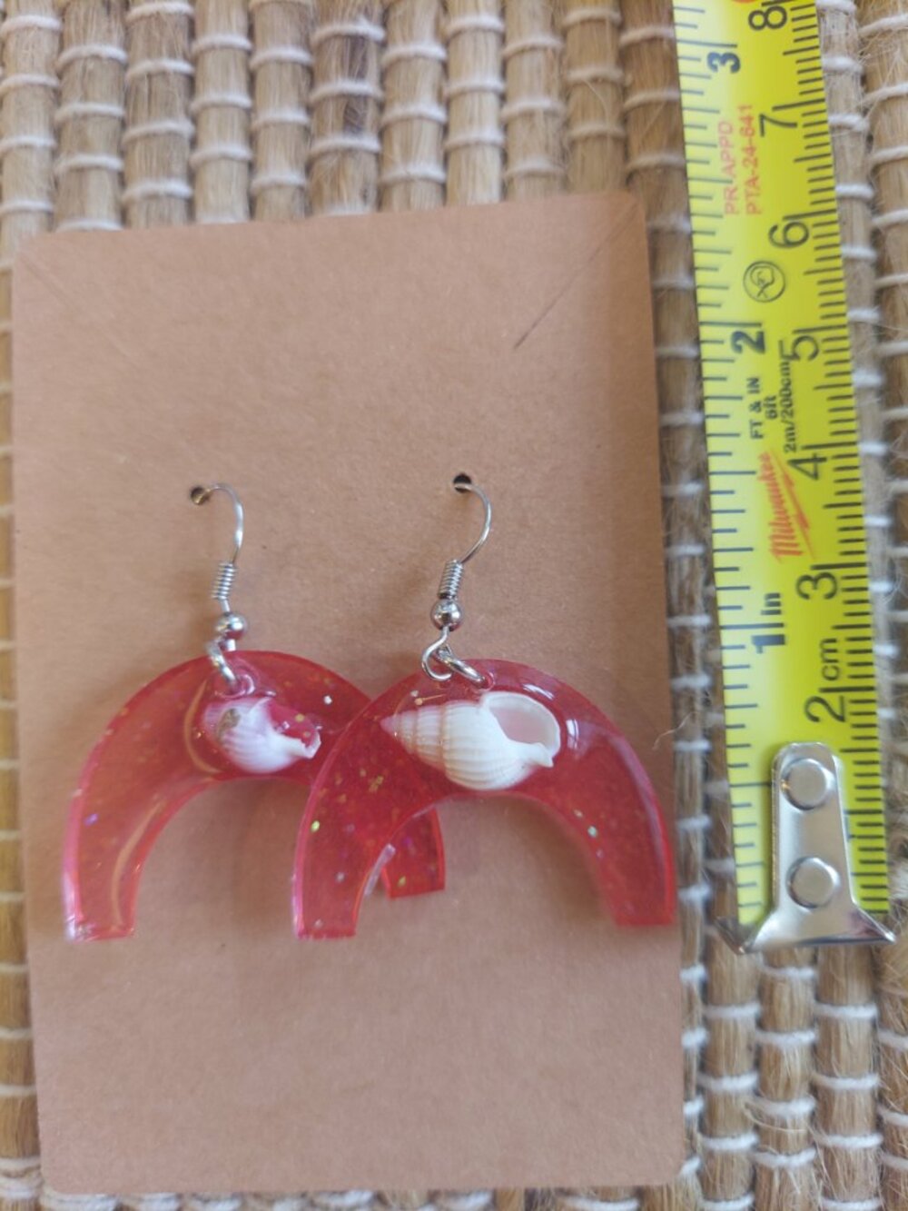Handmade Crescent Moon Shell Earrings | Pink Sparkle Resin | Coastal Beach Jewel - Picture 4 of 8